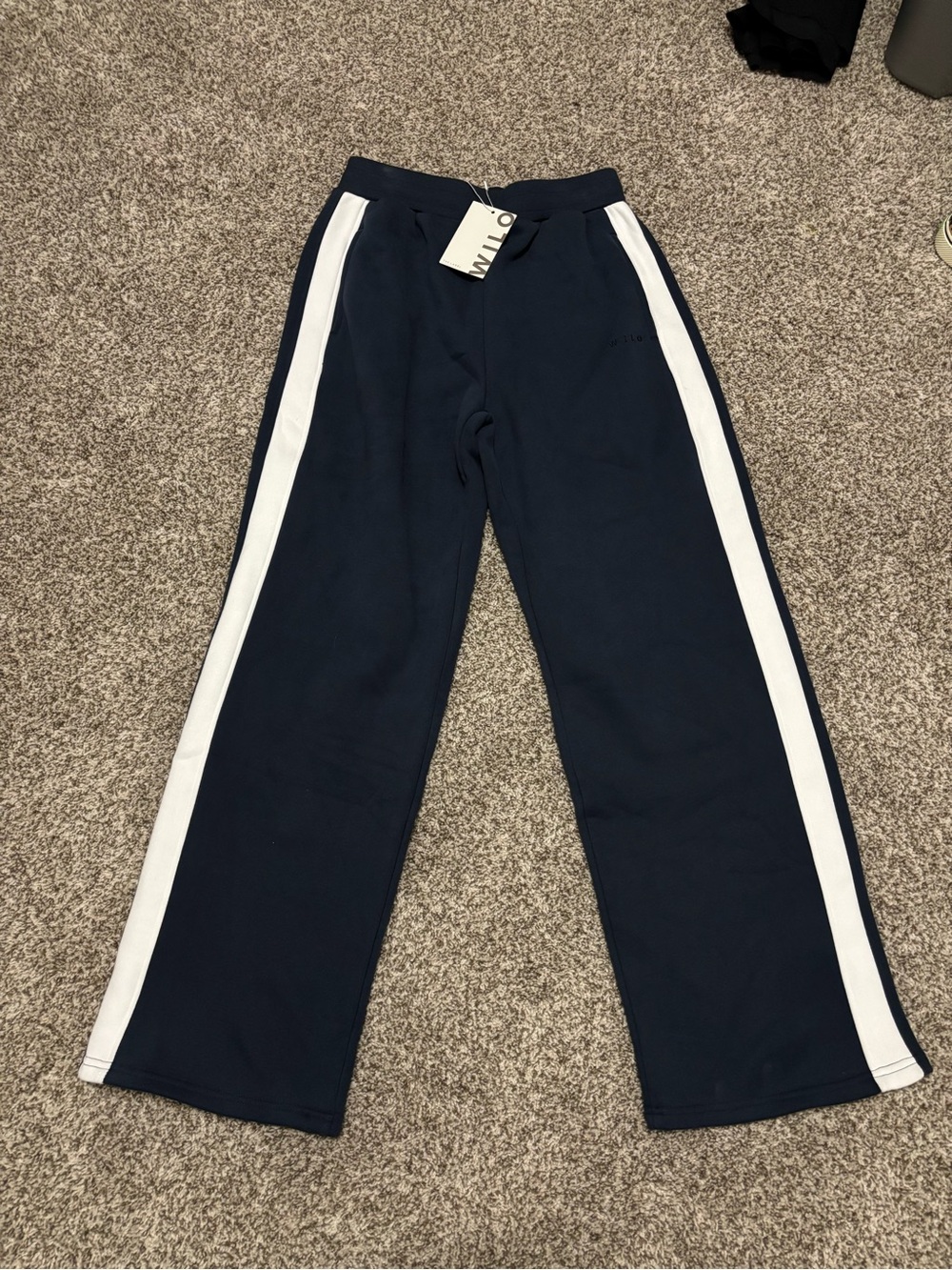 Wilo The Label Wide Leg Navy Track Pants with White Side Stripes